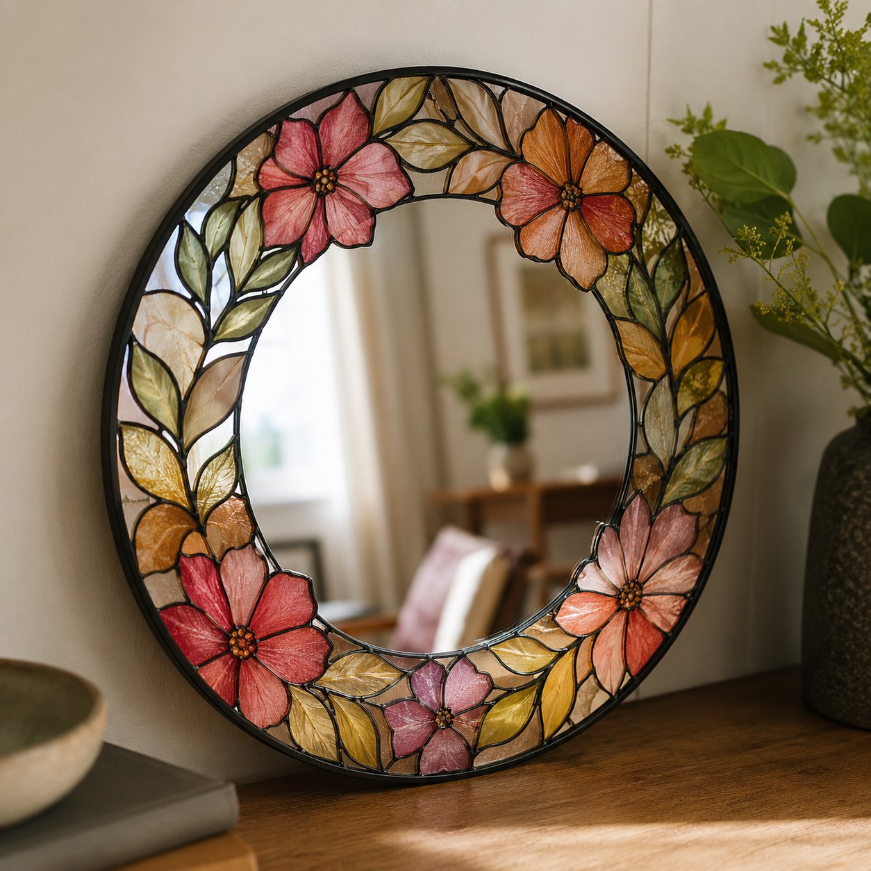 Decorated mirror faux stained glass