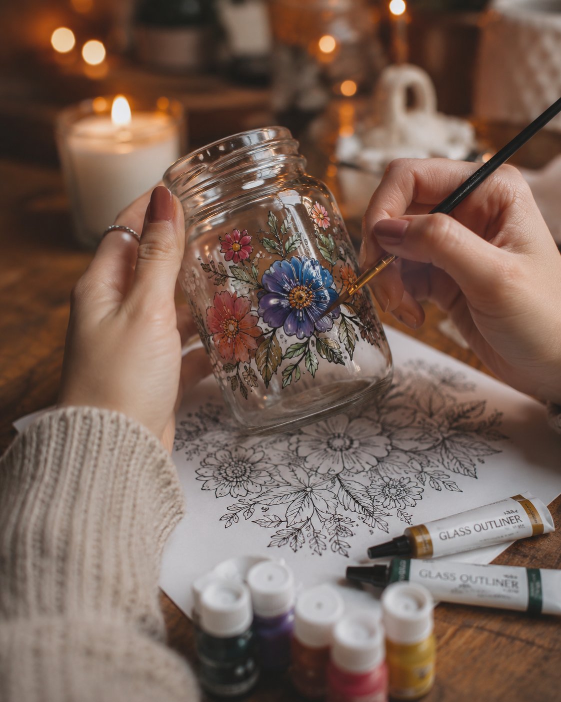 Woman painting a glass jar at home, warm evening light