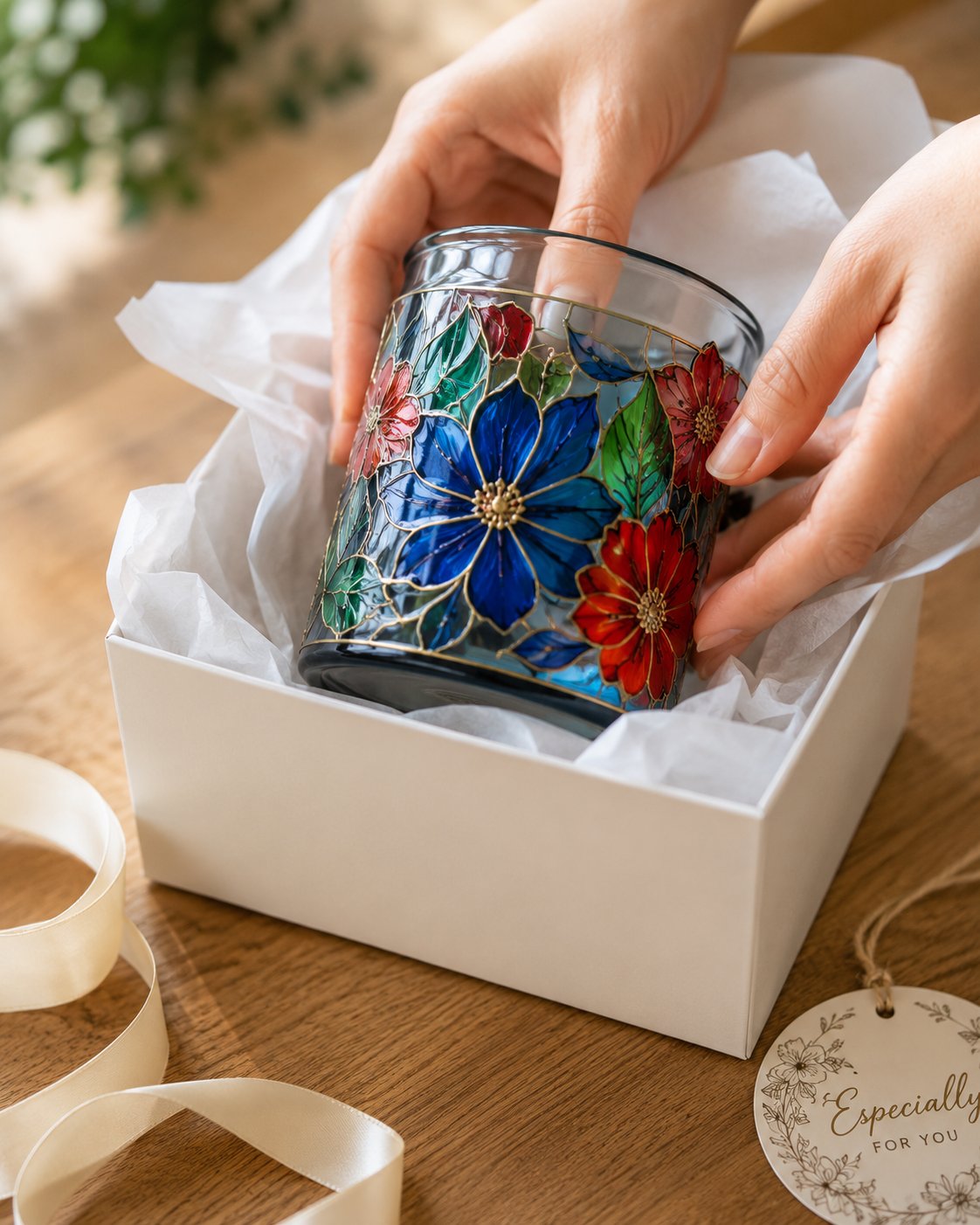 Faux stained glass candle holder wrapped as a gift